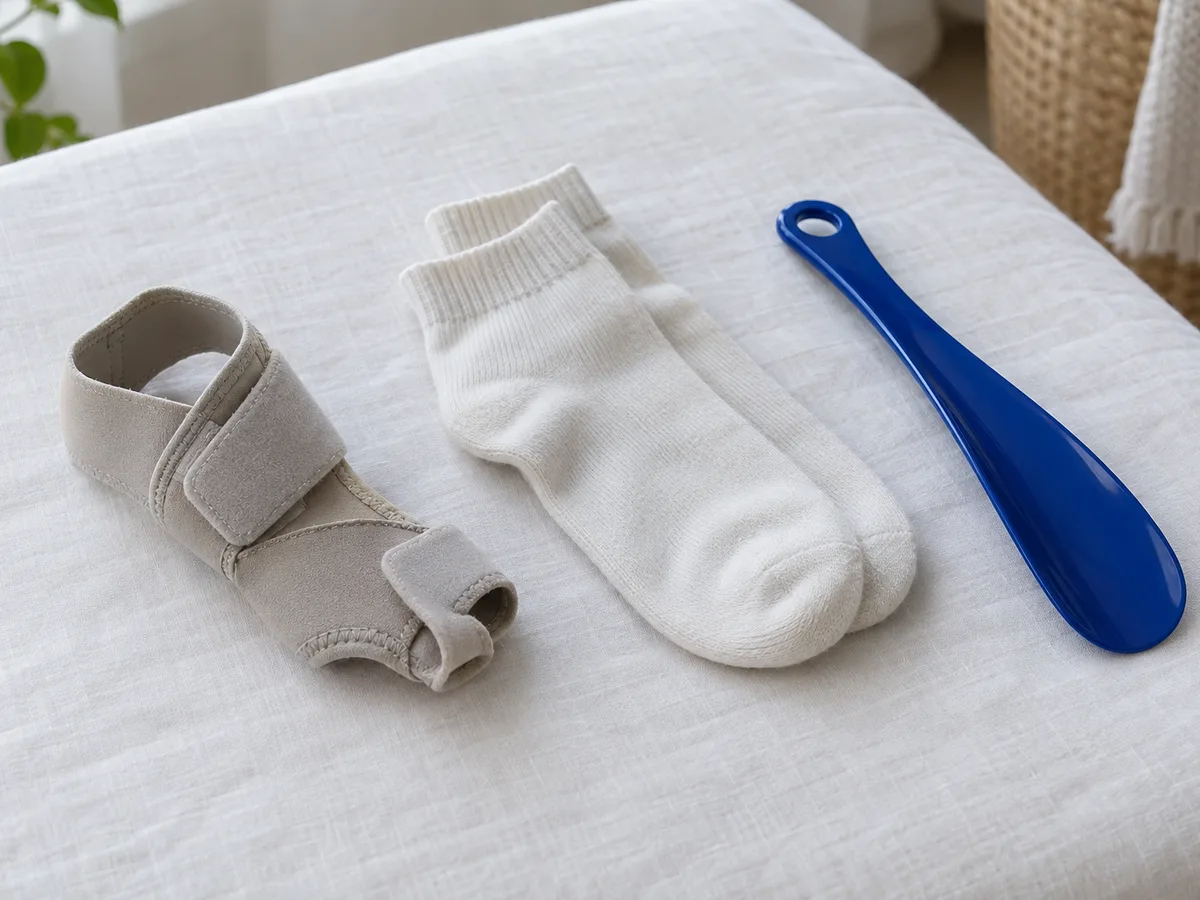 En mjuk hallux valgus-skena i tyg utlagd på vitt linne bredvid ett par bomullsstrumpor och ett koboltblått skohorn, jämnt dagsljus, inga människor, inga logotyper