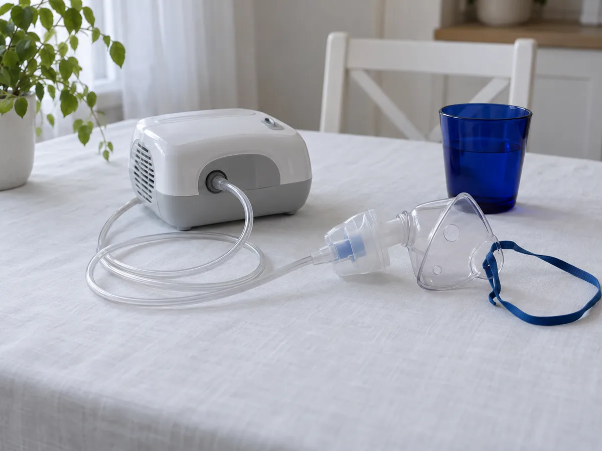 En kompressornebulisator med slang och barnmask utlagda på ett vitt köksbord, en koboltblå kopp som enda accent, mjukt dagsljus, inga människor, inga logotyper
