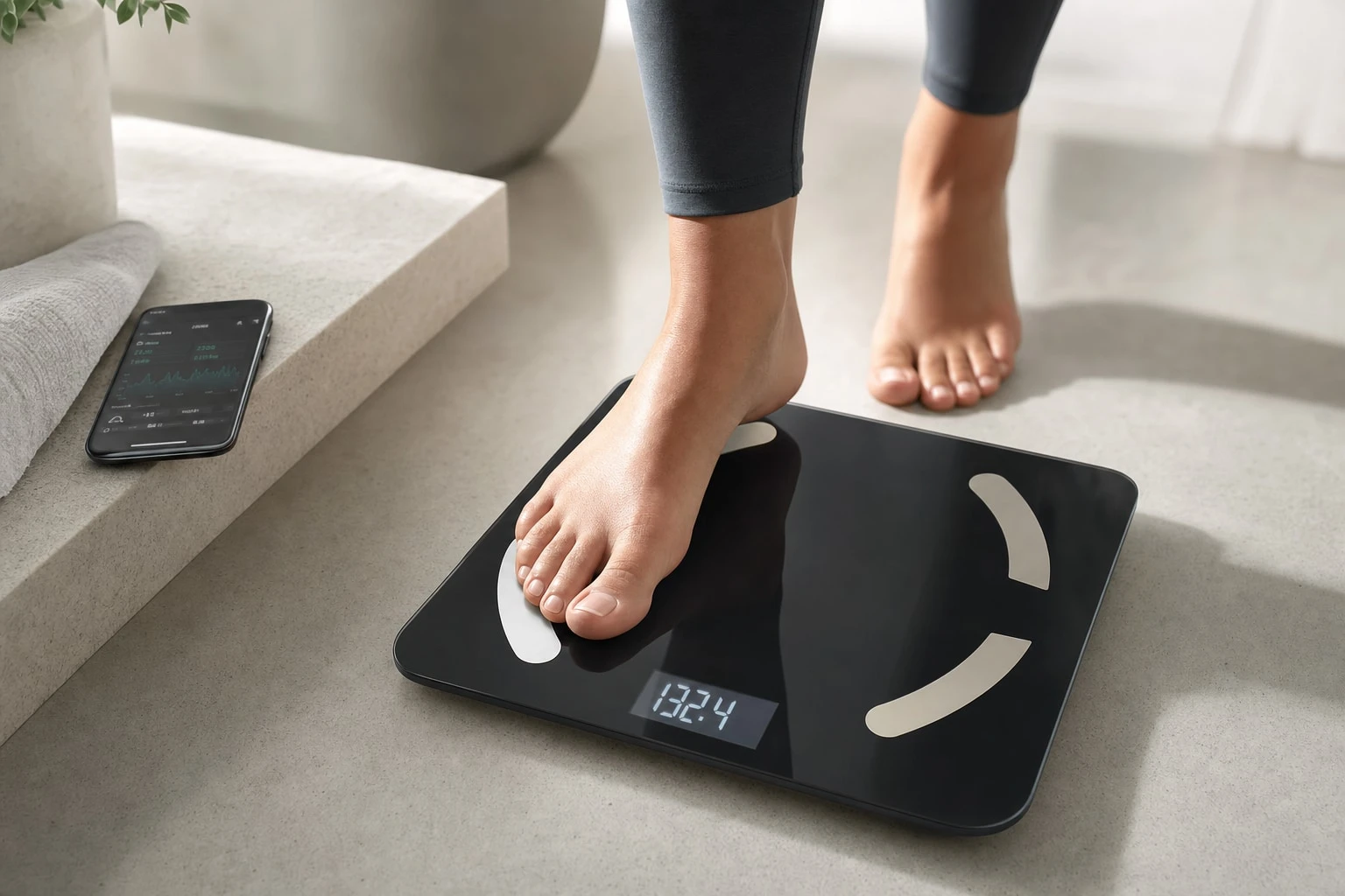 The ScanoPro smart body scale with tempered-glass platform and bright step-on display