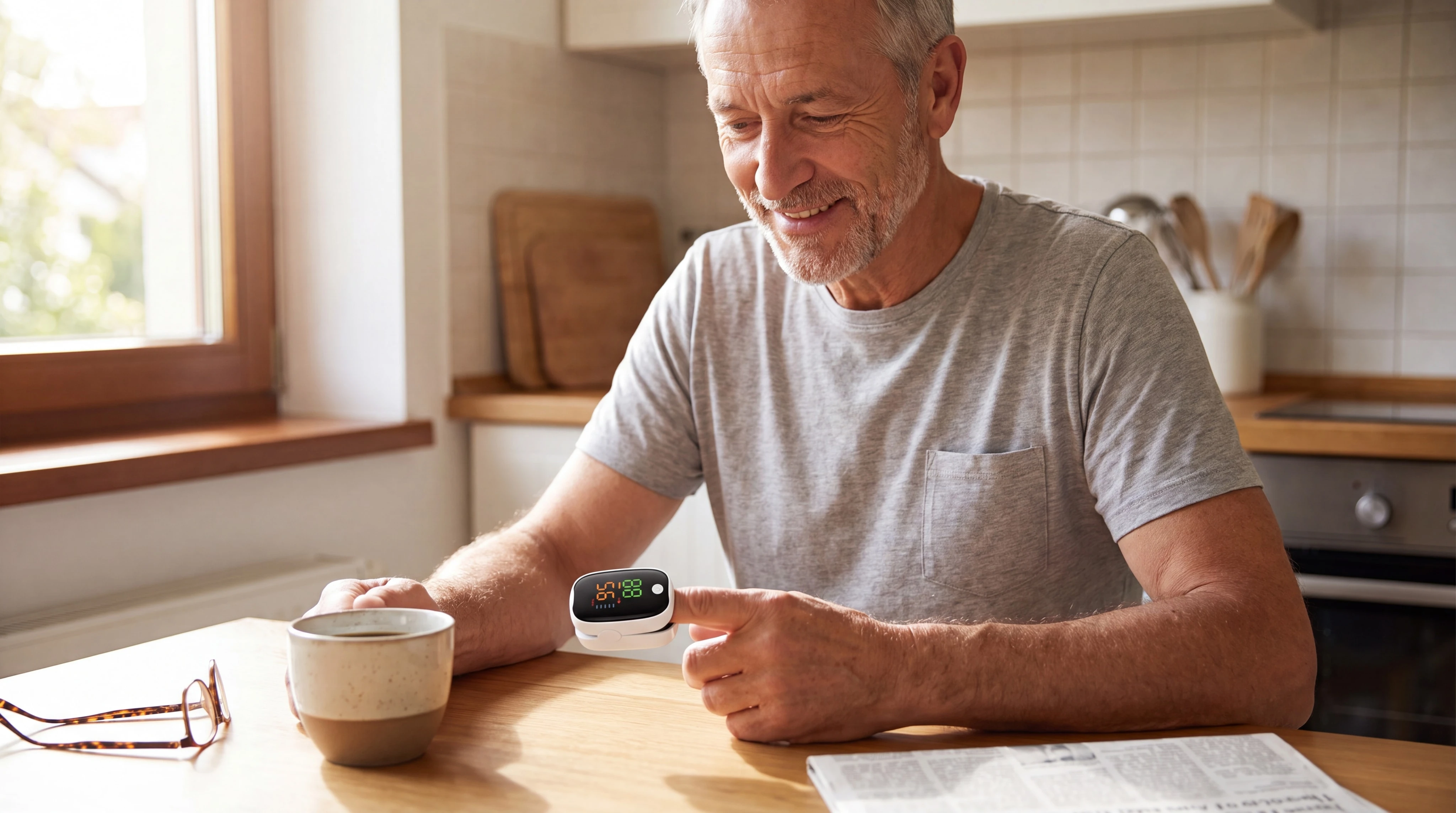 A man checks his blood oxygen reading at the kitchen table with the VitalOxy clipped on his finger